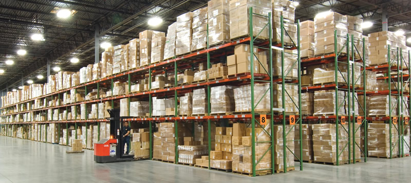 Pallet rack rows showing warehouse storage and forklift aisles